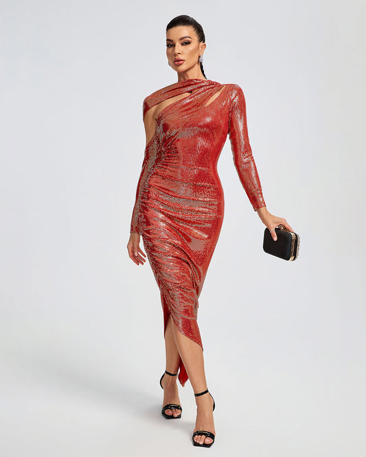 Asymmetric Sequins Ruched Long Dress - Opulent Empire