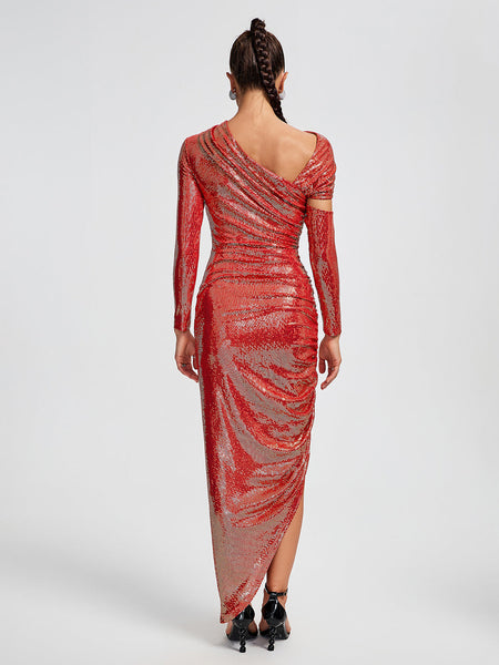 Asymmetric Sequins Ruched Long Dress - Opulent Empire