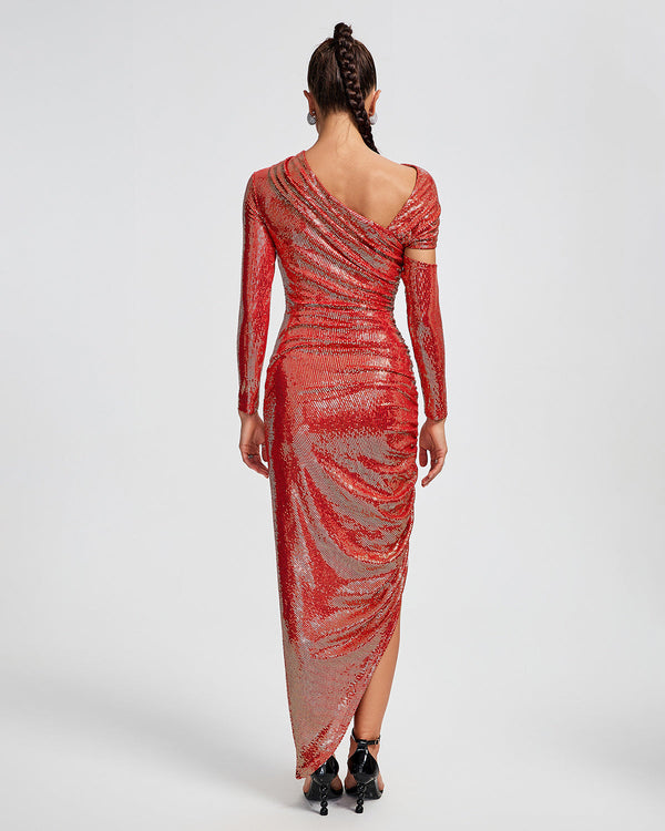 Asymmetric Sequins Ruched Long Dress