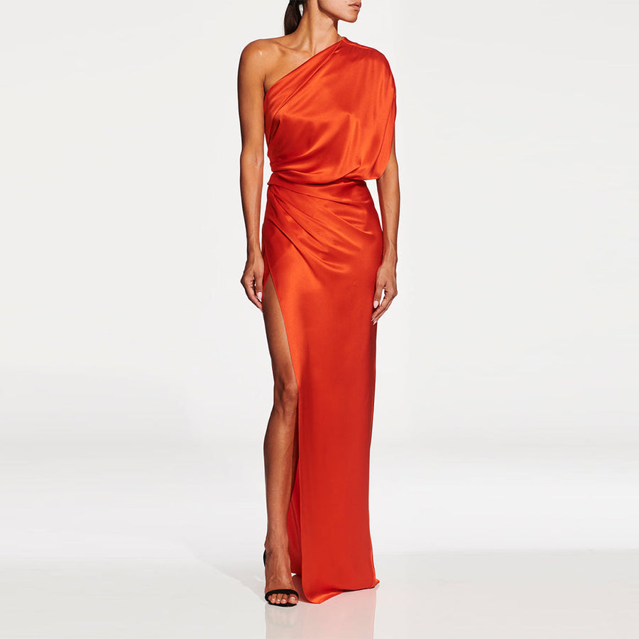 Elegant One-Shoulder Maxi Dress in Solid Color KLYS018