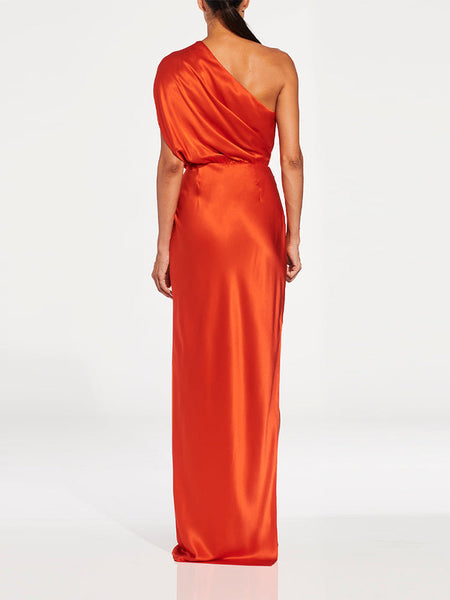 Elegant One-Shoulder Maxi Dress in Solid Color KLYS018