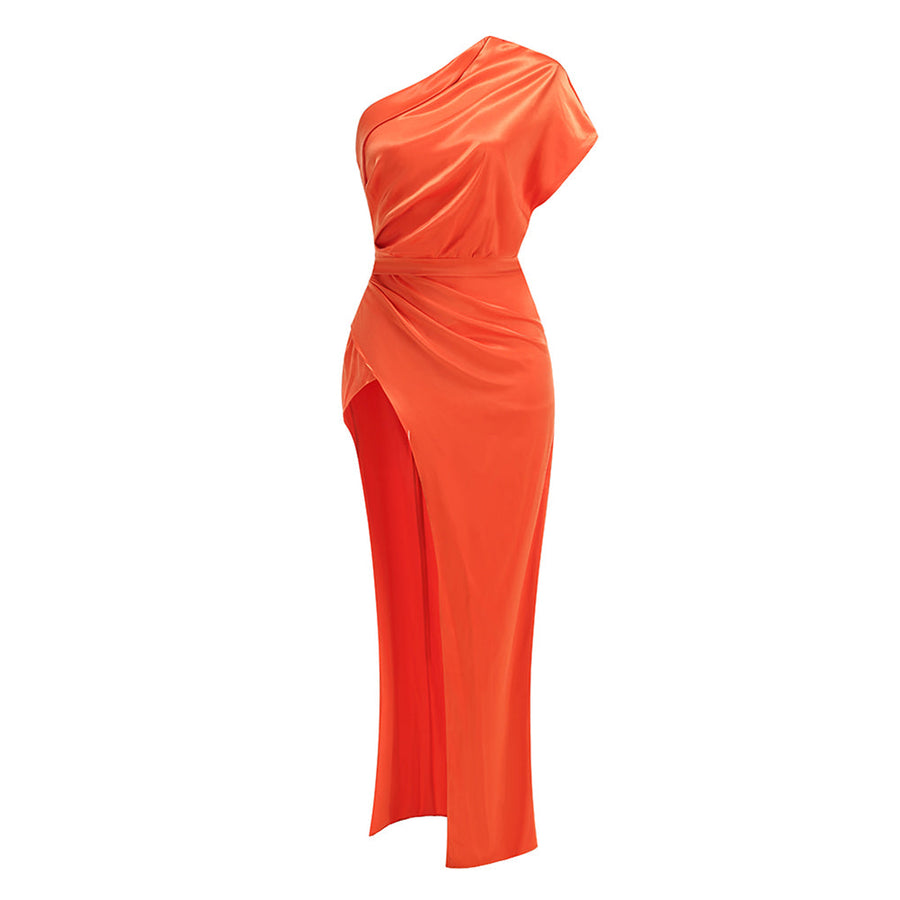 Elegant One-Shoulder Maxi Dress in Solid Color KLYS018