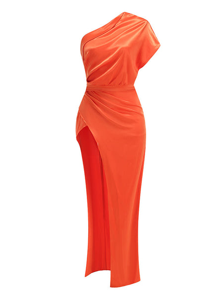 Elegant One-Shoulder Maxi Dress in Solid Color KLYS018