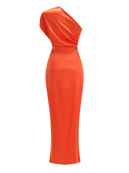 Elegant One-Shoulder Maxi Dress in Solid Color KLYS018