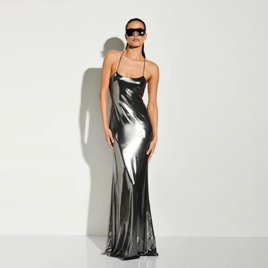 Elegant Strappy Sleeveless Glossy Maxi Dress - KLYS019