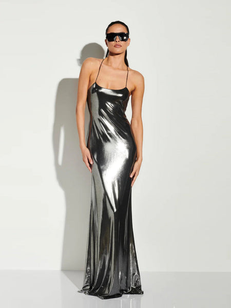 Elegant Strappy Sleeveless Glossy Maxi Dress - KLYS019