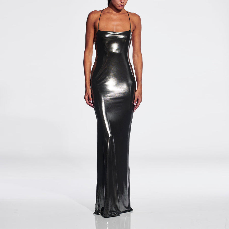 Elegant Strappy Sleeveless Glossy Maxi Dress - KLYS019