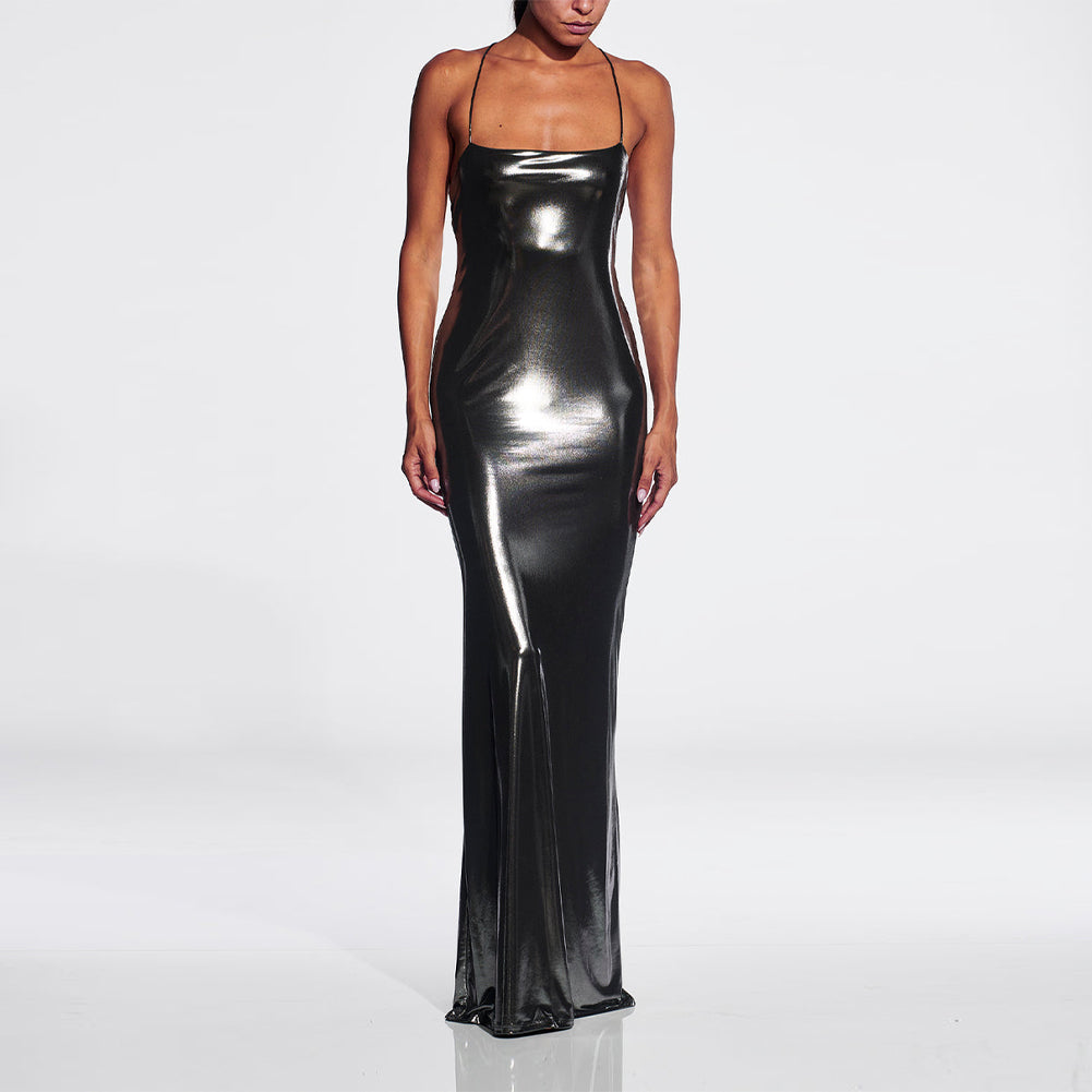 Marlowe Lefèvre — Elegant Strappy Sleeveless Glossy Maxi Dress - KLYS019, alternate view 2