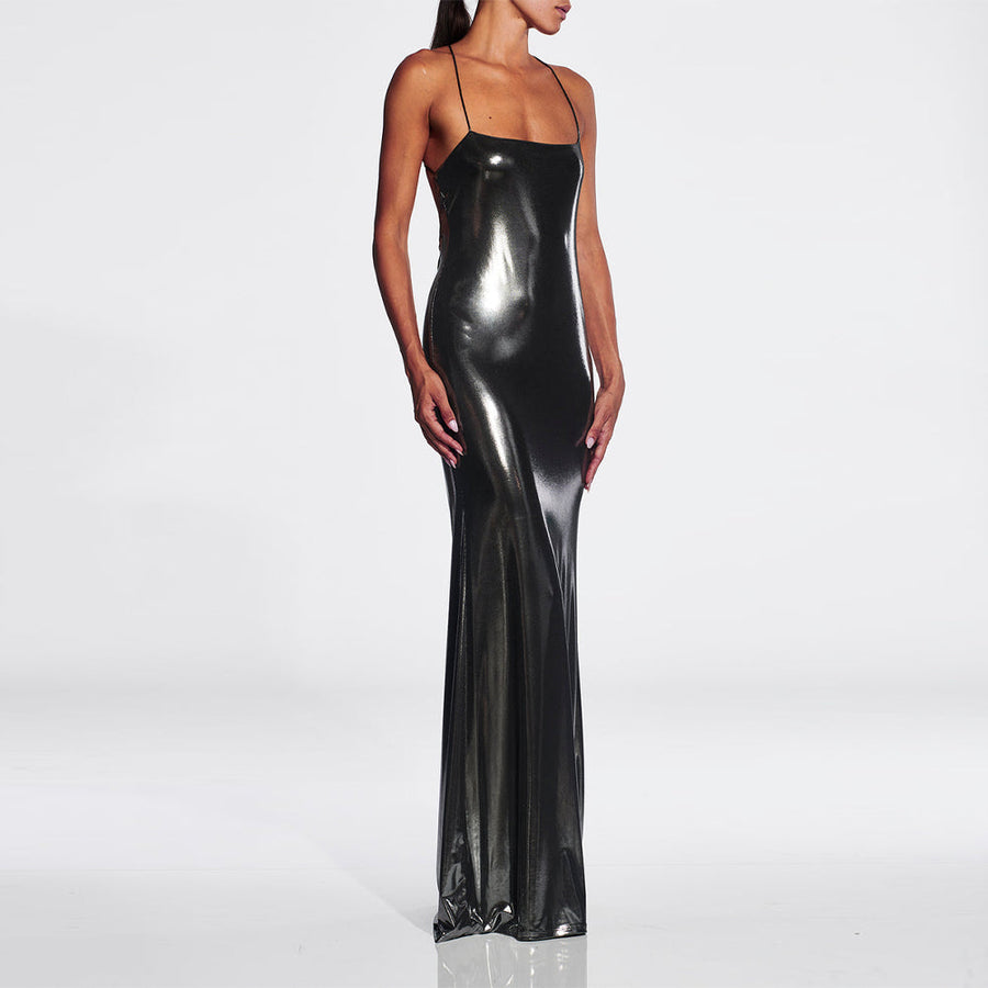 Elegant Strappy Sleeveless Glossy Maxi Dress - KLYS019