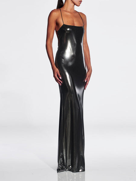 Elegant Strappy Sleeveless Glossy Maxi Dress - KLYS019
