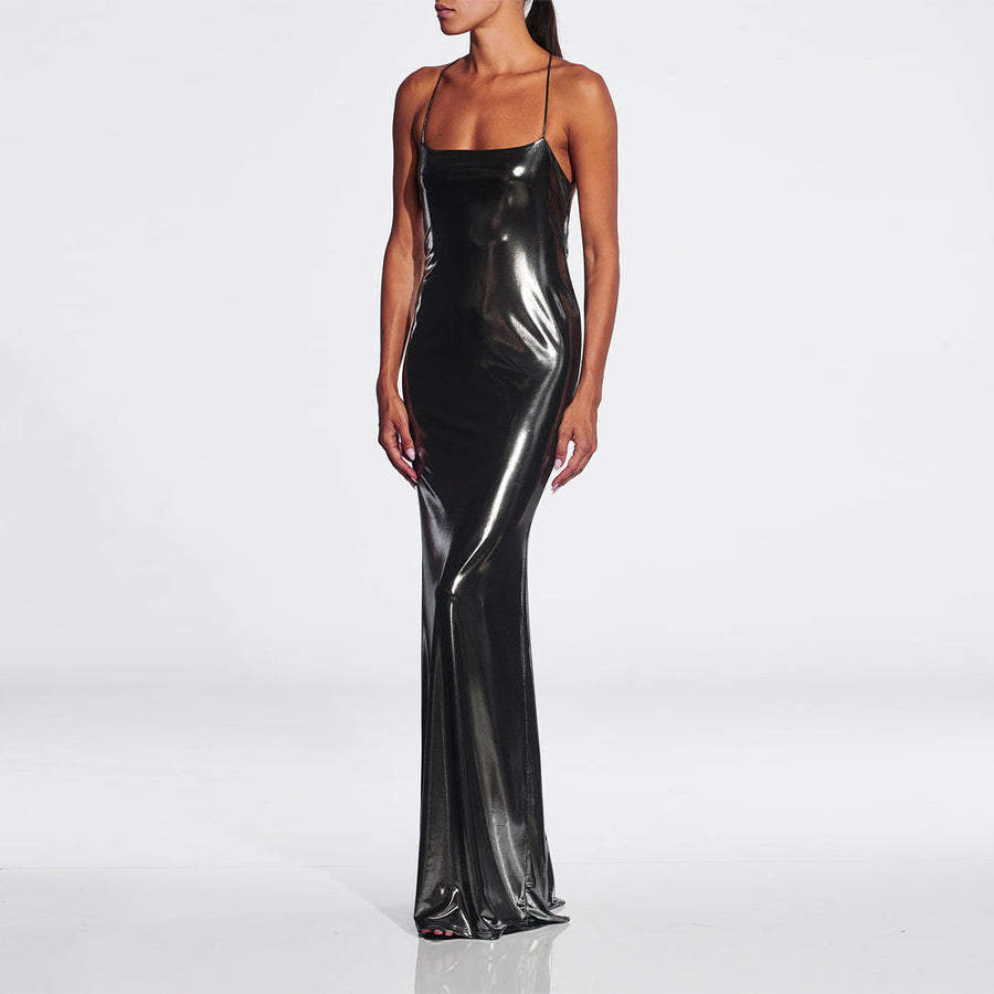 Elegant Strappy Sleeveless Glossy Maxi Dress - KLYS019