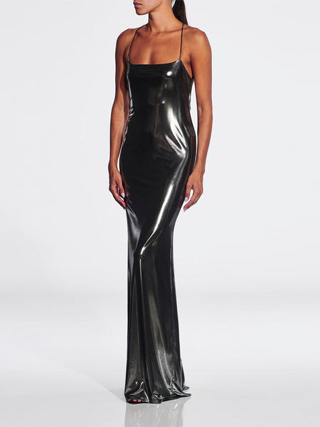 Elegant Strappy Sleeveless Glossy Maxi Dress - KLYS019