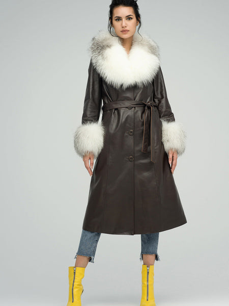Brown Genuine Maxi Lambskin Overcoat with Arctic Fox Fur Collar and Cuffs