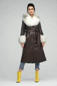 Ophelia Rivière — Brown Genuine Maxi Lambskin Overcoat with Arctic Fox Fur Collar and Cuffs Brown…, alternate view 2