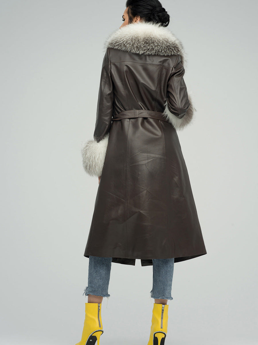 Brown Genuine Maxi Lambskin Overcoat with Arctic Fox Fur Collar and Cuffs