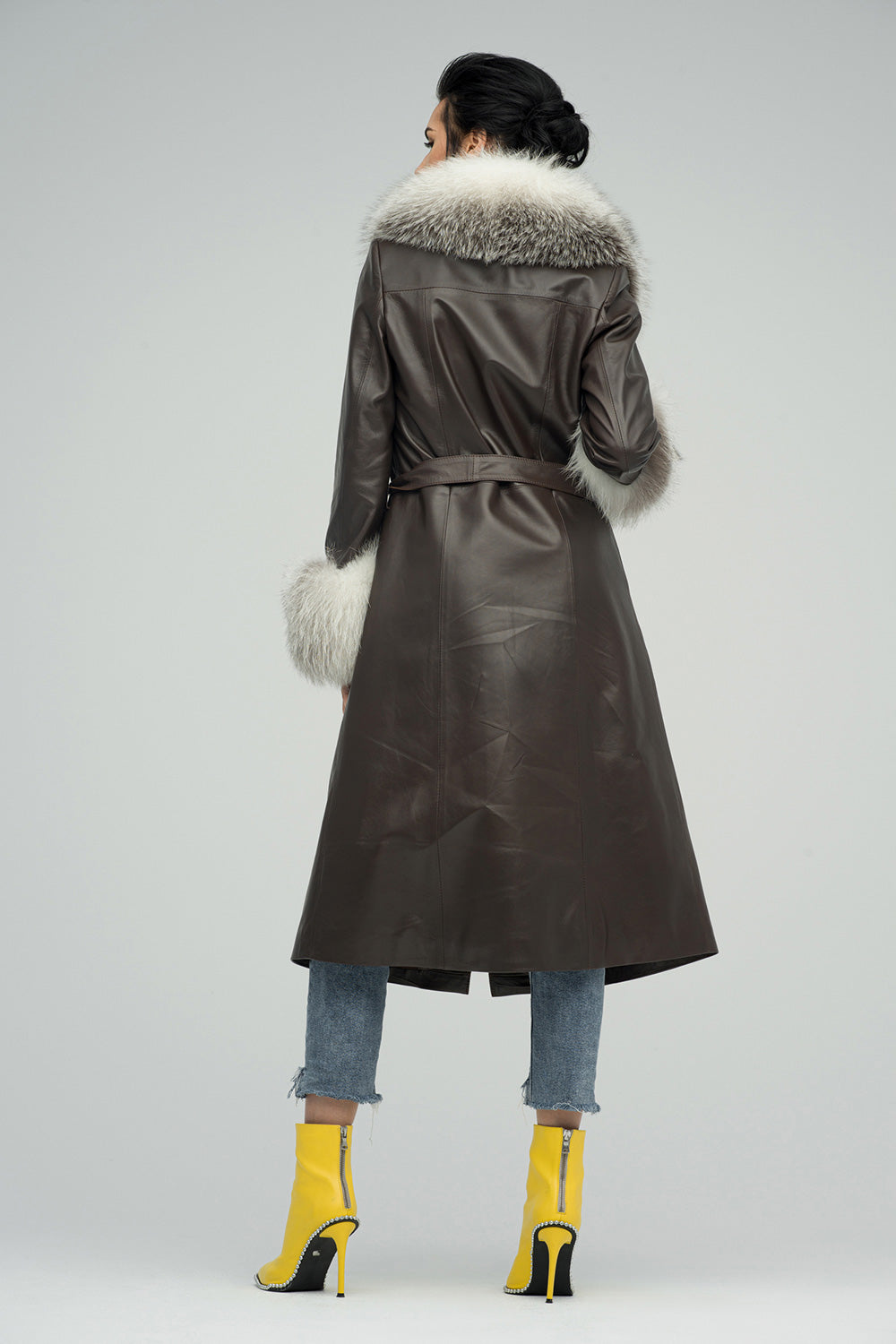 Ophelia Rivière — Brown Genuine Maxi Lambskin Overcoat with Arctic Fox Fur Collar and Cuffs Brown…, alternate view 3