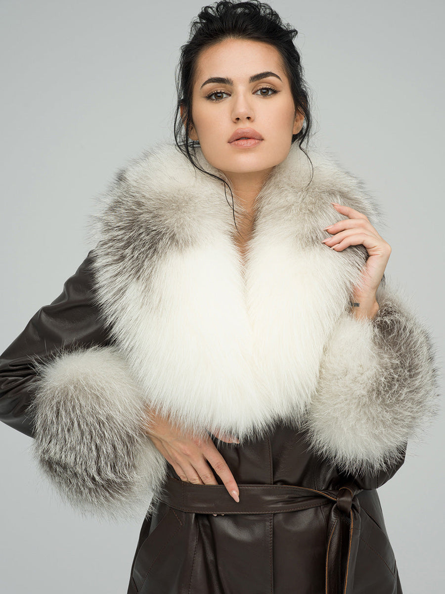 Brown Genuine Maxi Lambskin Overcoat with Arctic Fox Fur Collar and Cuffs