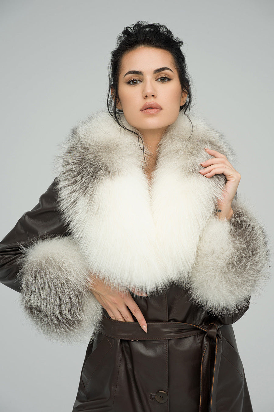 Ophelia Rivière — Brown Genuine Maxi Lambskin Overcoat with Arctic Fox Fur Collar and Cuffs Brown…