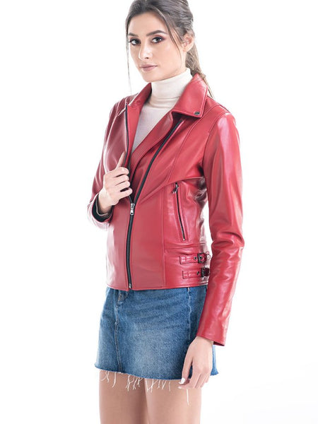 Red Genuine Sheepskin Jacket with Diagonal Zipper-0