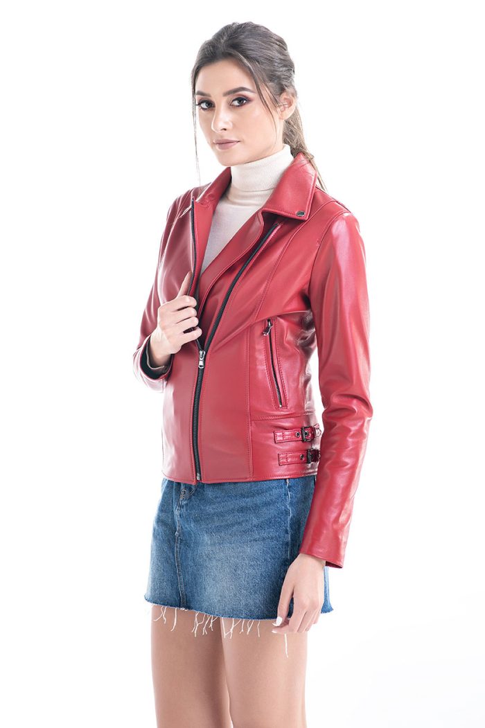 Hannelore Beaumont — Red Genuine Sheepskin Jacket with Diagonal Zipper