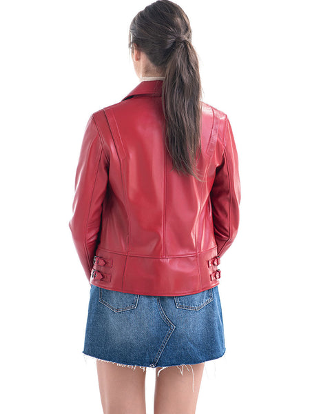 Red Genuine Sheepskin Jacket with Diagonal Zipper-1
