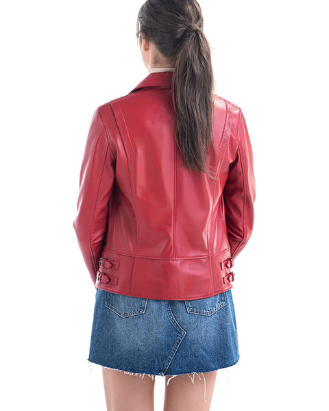 Red Genuine Sheepskin Jacket with Diagonal Zipper-1