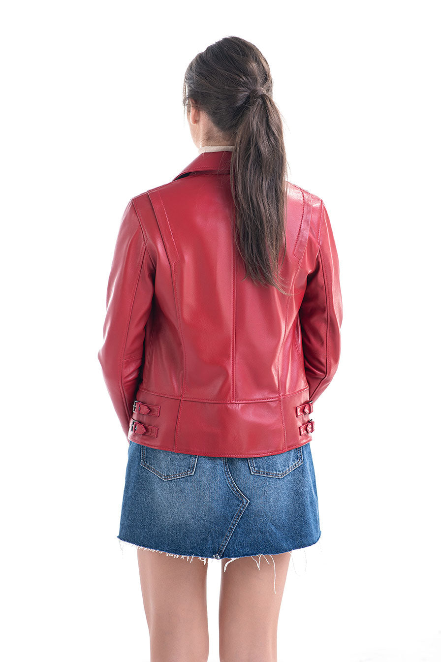 Hannelore Beaumont — Red Genuine Sheepskin Jacket with Diagonal Zipper, alternate view 2