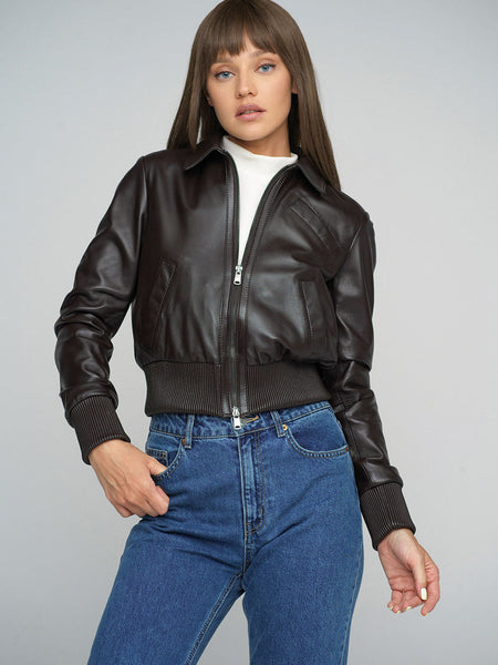 Brown Genuine Sheepskin Cropped Jacket