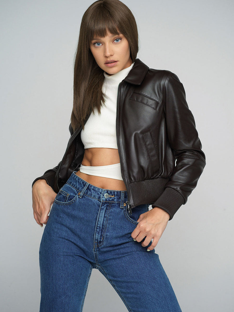 Brown Genuine Sheepskin Cropped Jacket