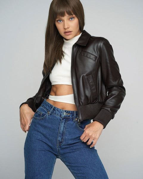 Brown Genuine Sheepskin Cropped Jacket