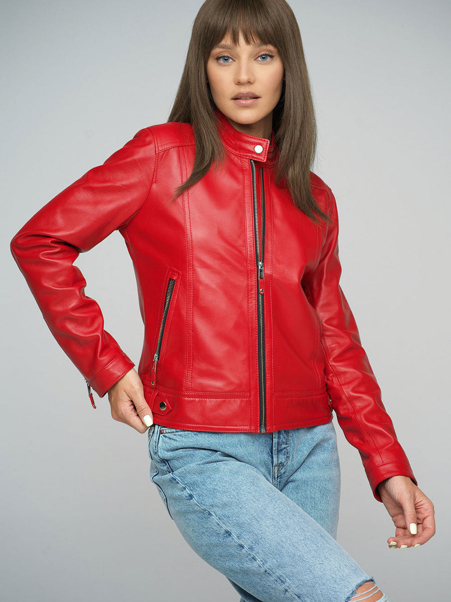 Red Genuine Cropped Leather Jacket-0