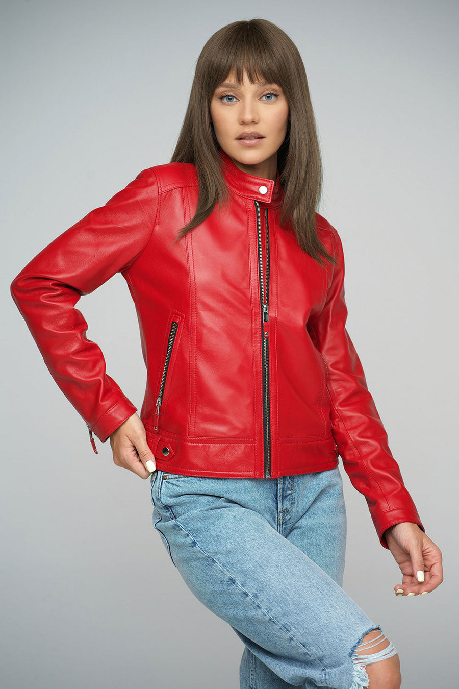 Perdita Beaumont — Red Genuine Cropped Leather Jacket