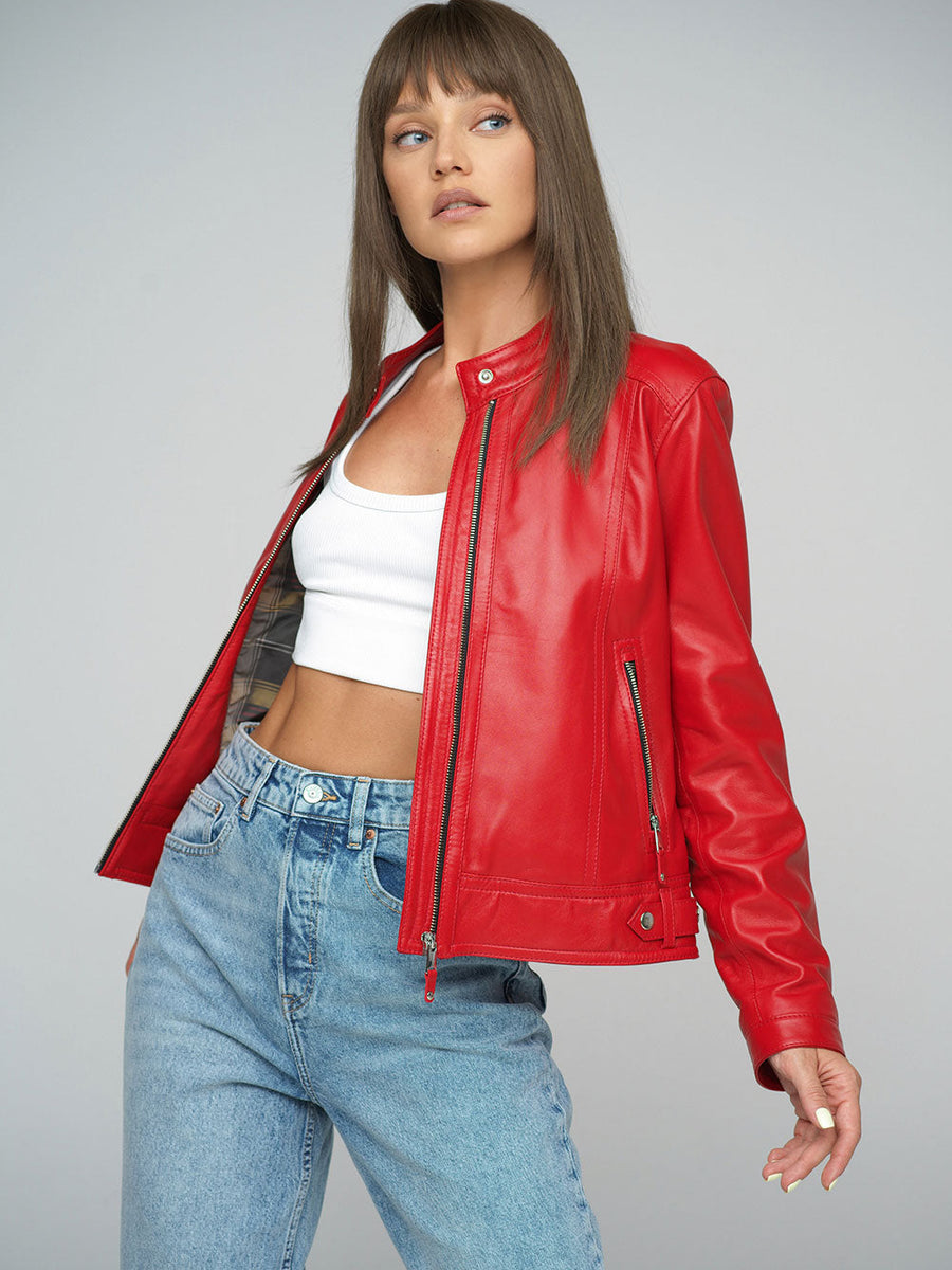 Red Genuine Cropped Leather Jacket-2