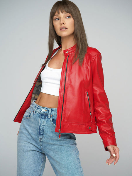 Red Genuine Cropped Leather Jacket-2
