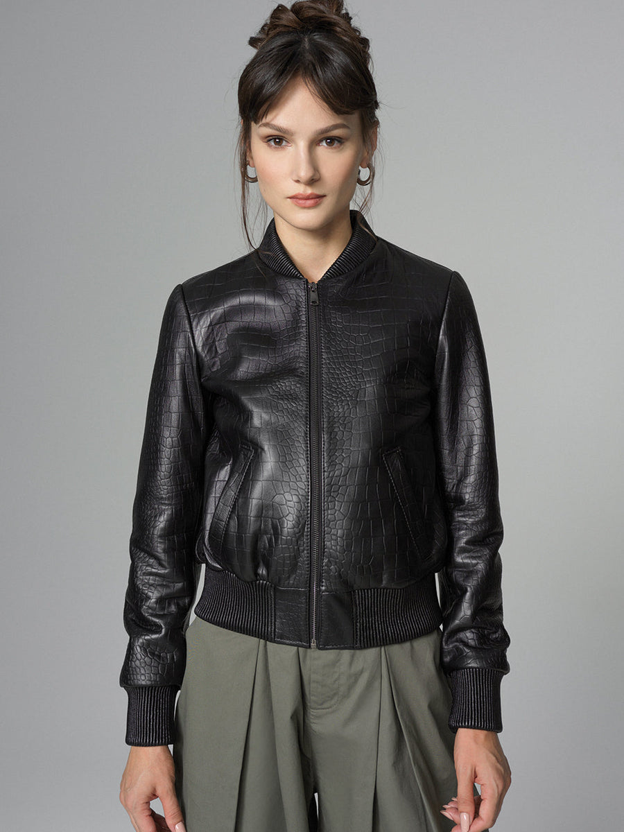 Black Leather Jacket with Crocodile Skin Print