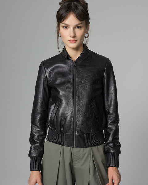 Black Leather Jacket with Crocodile Skin Print