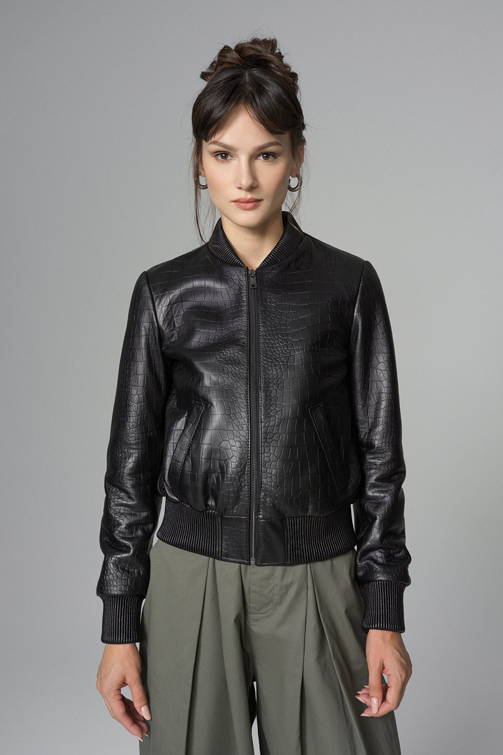 Sophronia — Black Leather Jacket with Crocodile Skin Print, alternate view 2