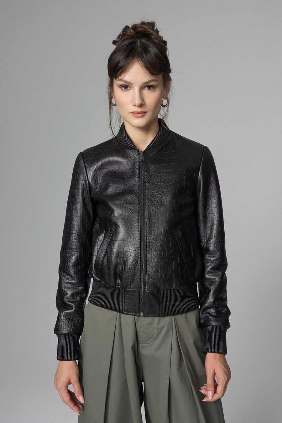 Sophronia — Black Leather Jacket with Crocodile Skin Print, alternate view 2