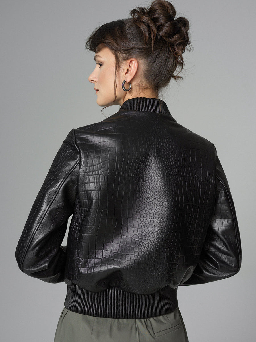 Black Leather Jacket with Crocodile Skin Print