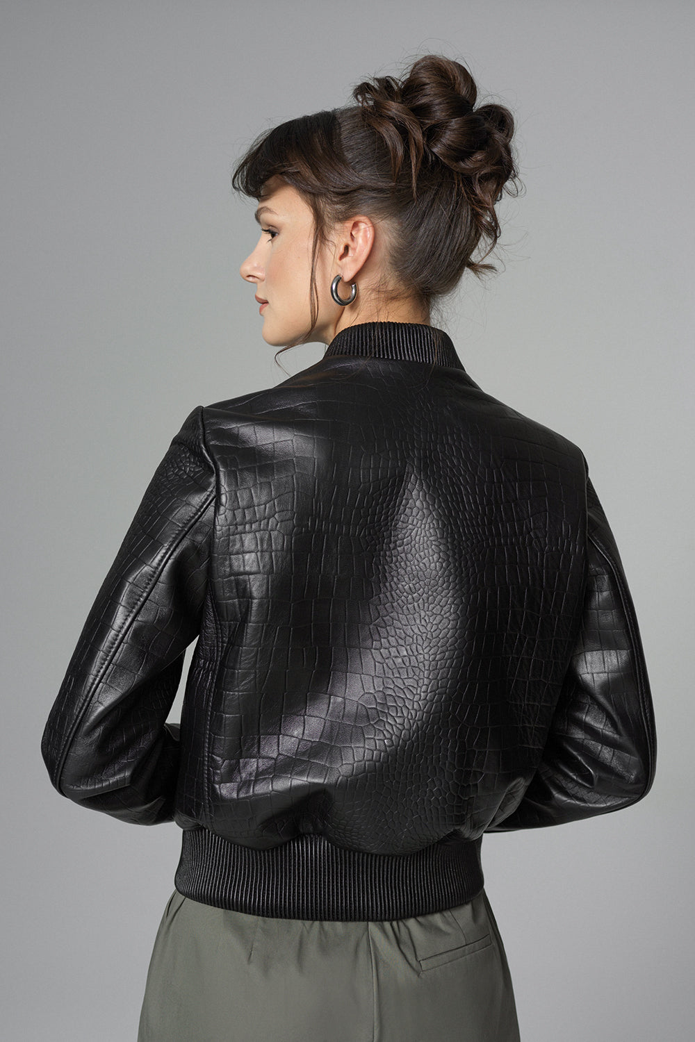 Sophronia — Black Leather Jacket with Crocodile Skin Print, alternate view 3