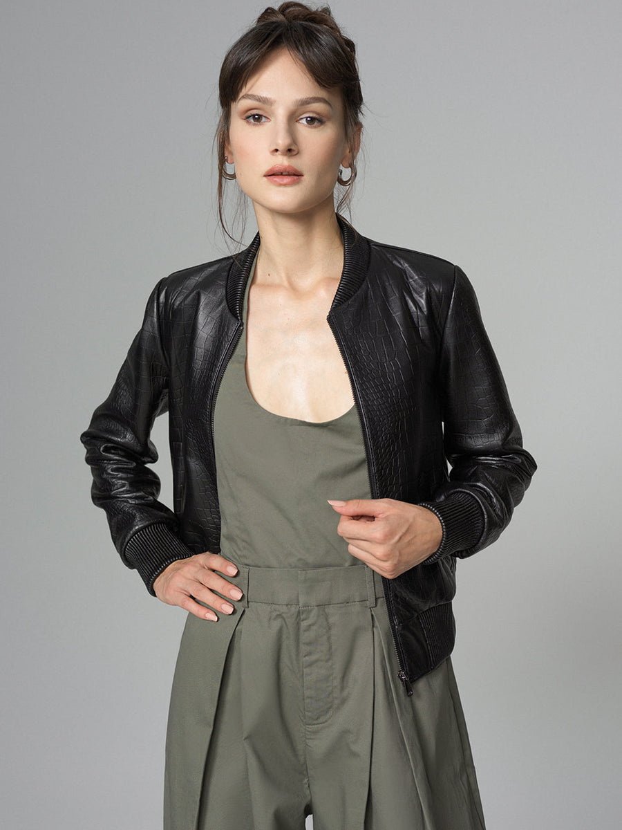 Black Leather Jacket with Crocodile Skin Print