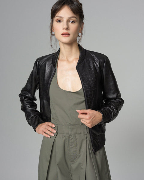 Black Leather Jacket with Crocodile Skin Print