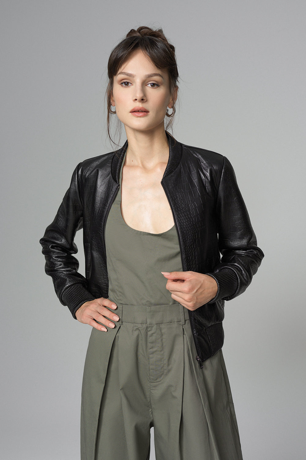 Sophronia — Black Leather Jacket with Crocodile Skin Print