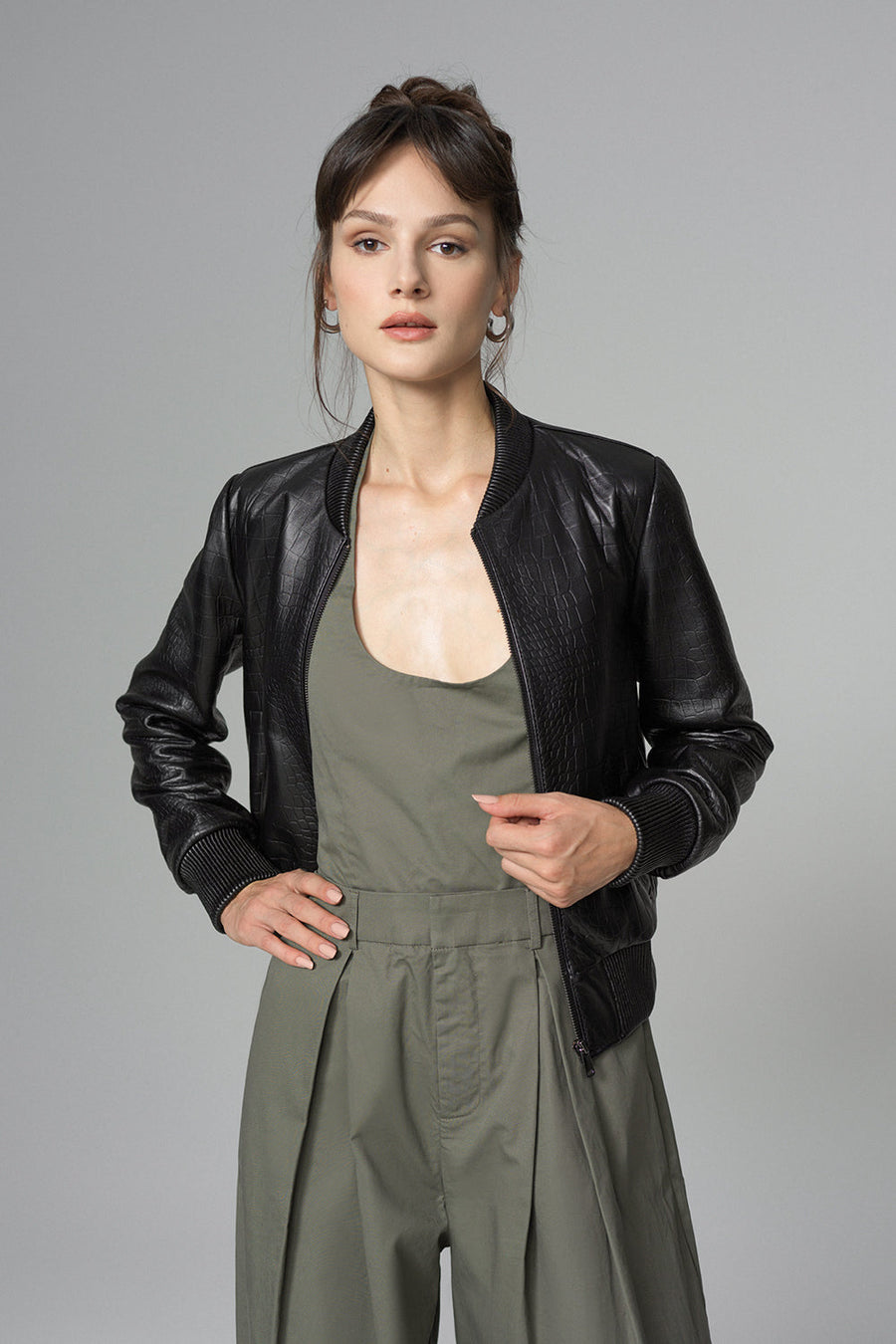 Sophronia — Black Leather Jacket with Crocodile Skin Print