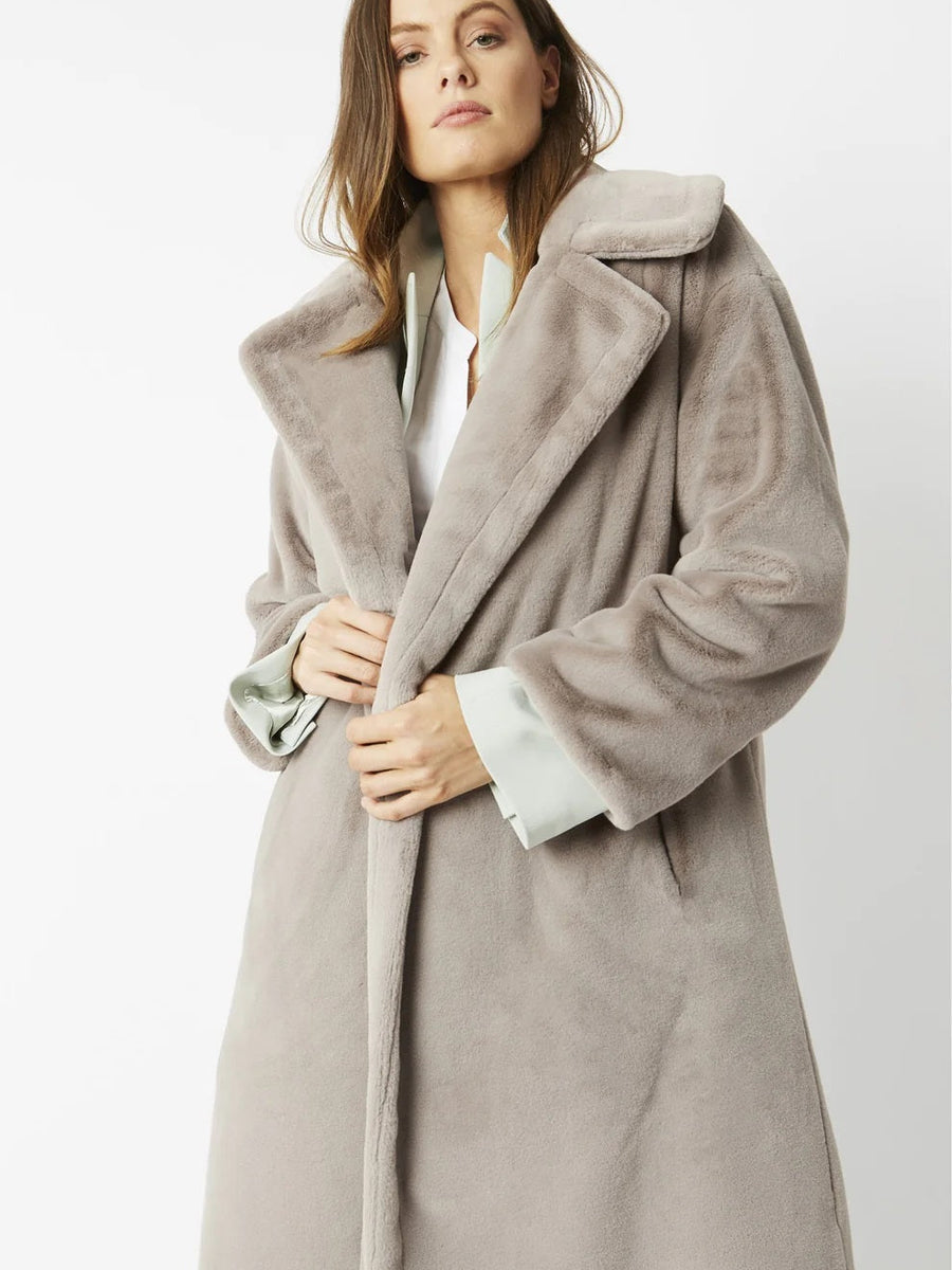 Light Grey Faux Fur Midi Shaved Shearling Coat-0
