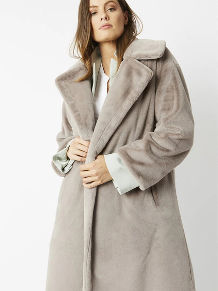 Light Grey Faux Fur Midi Shaved Shearling Coat-0