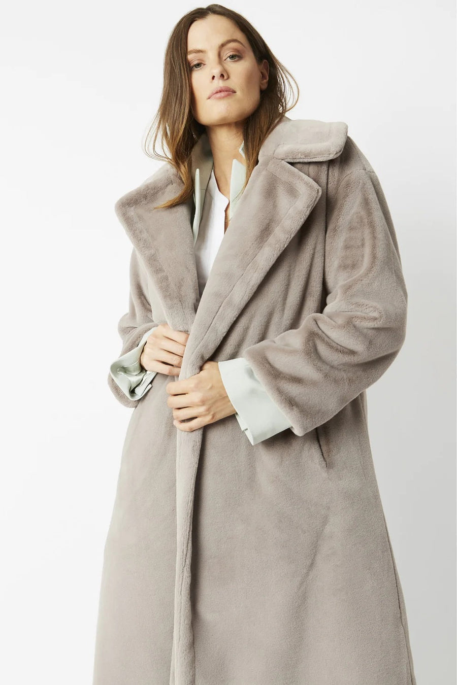 Annelise Beaumont — Light Grey Faux Fur Midi Shaved Shearling Coat