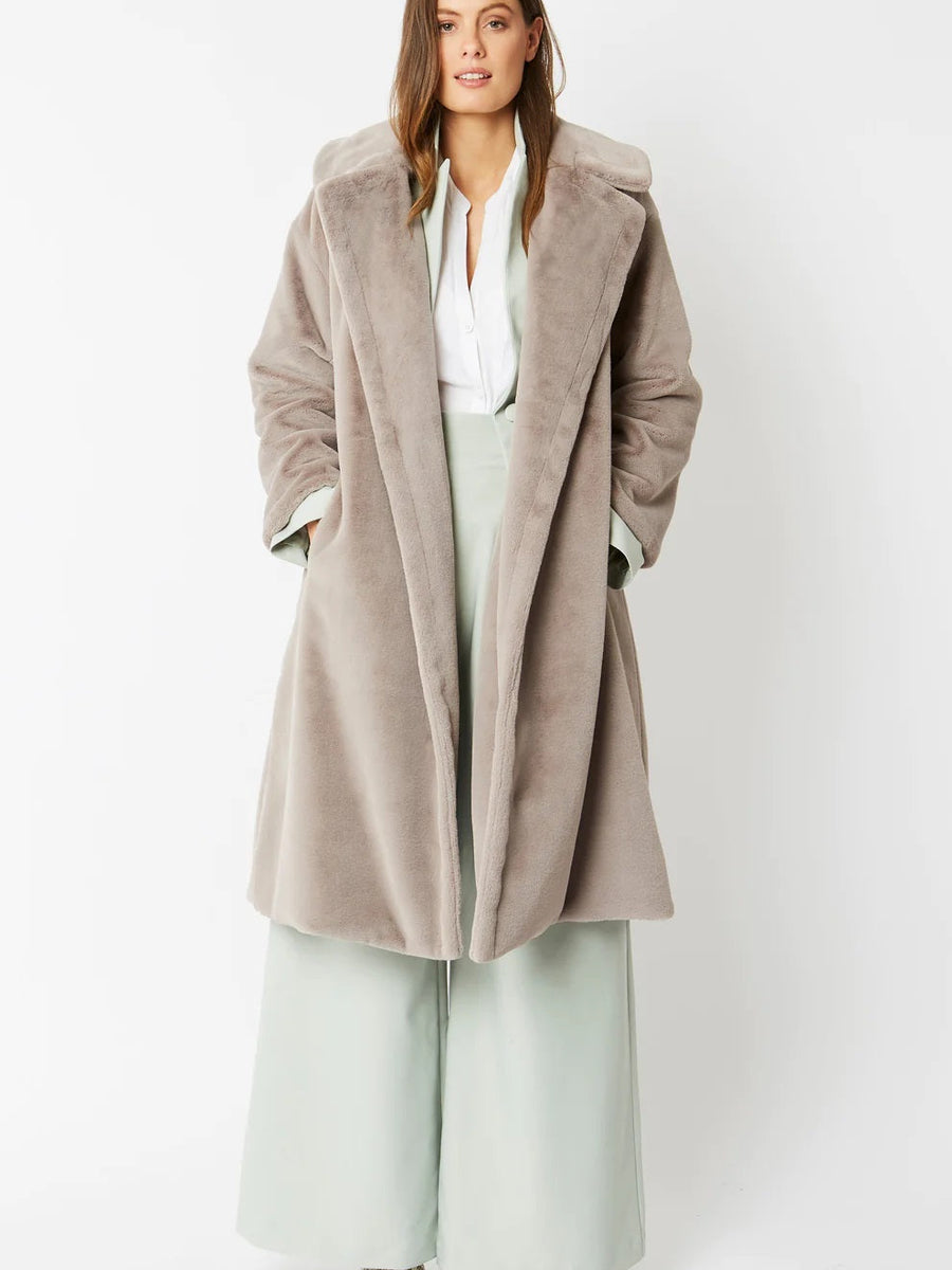 Light Grey Faux Fur Midi Shaved Shearling Coat-2