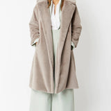 Light Grey Faux Fur Midi Shaved Shearling Coat-2
