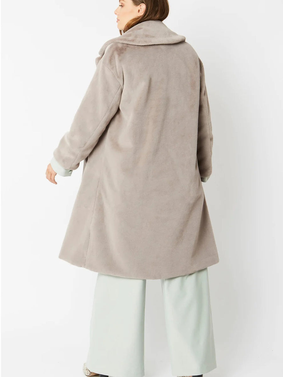 Light Grey Faux Fur Midi Shaved Shearling Coat-3